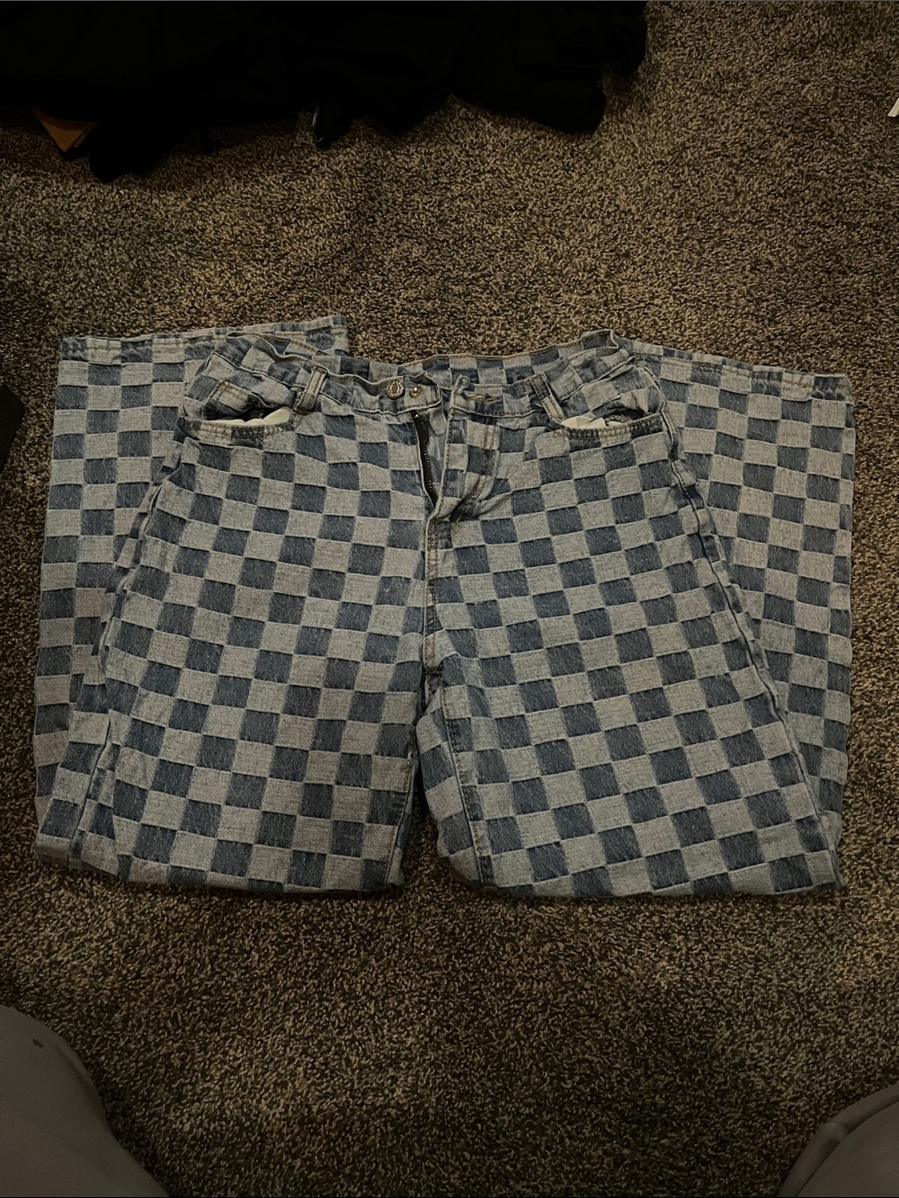 Checkerboard High-Waist Jeans in Two-Tone Blue